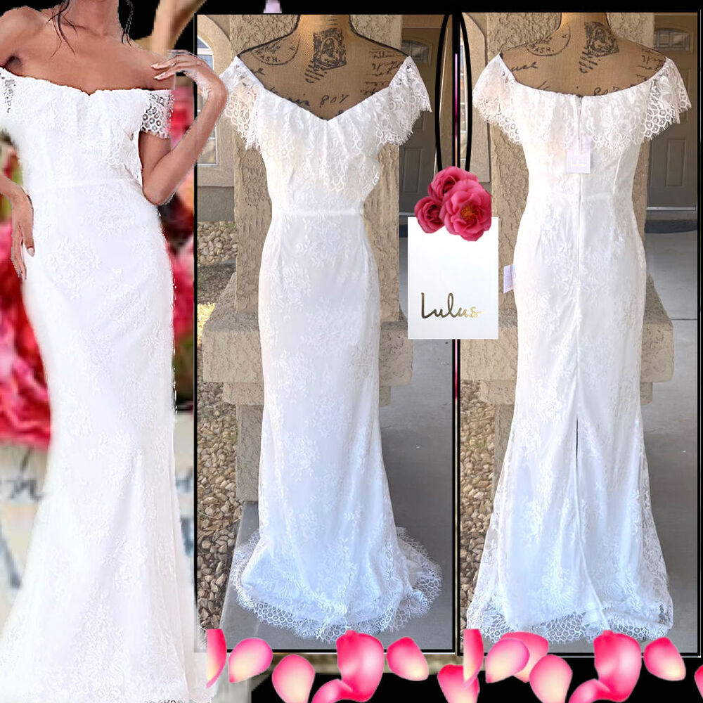 Lulus Cherished Forever White Off-the-Shoulder Lace Maxi Dress Sz L